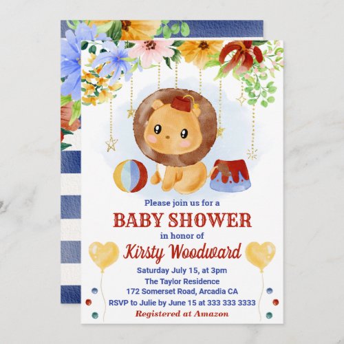 Cute Watercolor Floral Circus Lion Baby Shower Invitation