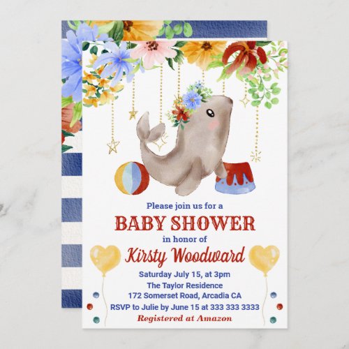 Cute Watercolor Floral Circus Sea Lion Baby Shower Invitation