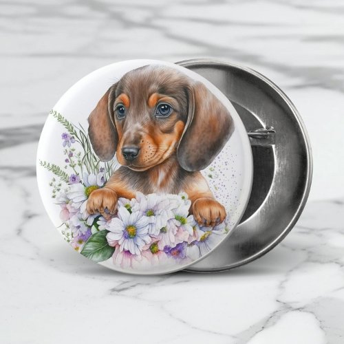 Cute Watercolor Floral Dachshund Puppy Dog Button