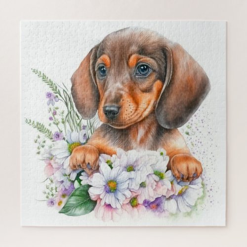 Cute Watercolor Floral Dachshund Puppy Dog Jigsaw Puzzle