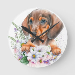 Cute Watercolor Floral Dachshund Puppy Dog Round Clock