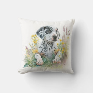 Cute Watercolor Floral Dalmatian Puppy Dog Throw Pillow