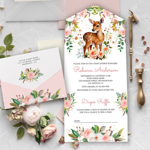 Cute Watercolor Floral Deer Baby Shower All In One Invitation