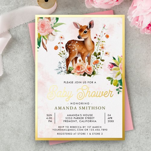Cute Watercolor Floral Deer Baby Shower Gold Foil Invitation