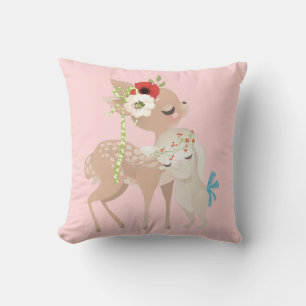 Cute Watercolor Floral Deer Bunny Rabbit   Easter Throw Pillow