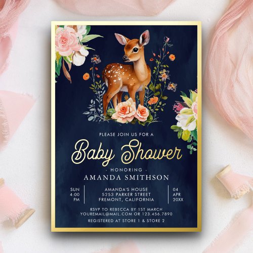 Cute Watercolor Floral Deer Navy Baby Shower Gold Foil Invitation