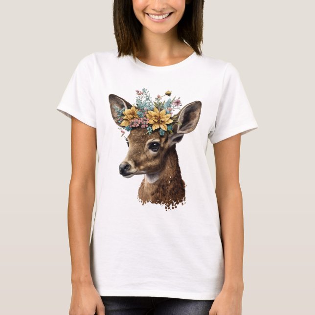 Cute Watercolor Floral Deer T-Shirt (Front)