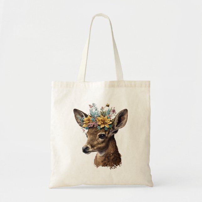 Cute Watercolor Floral Deer Tote Bag (Front)
