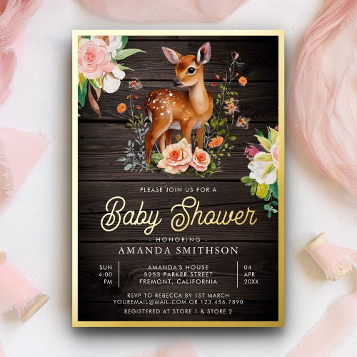 Cute Watercolor Floral Deer Wood Shower Gold Foil Invitation