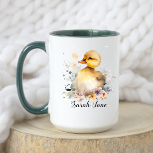 Cute Watercolor Floral Duckling & Baby Elephant Mug