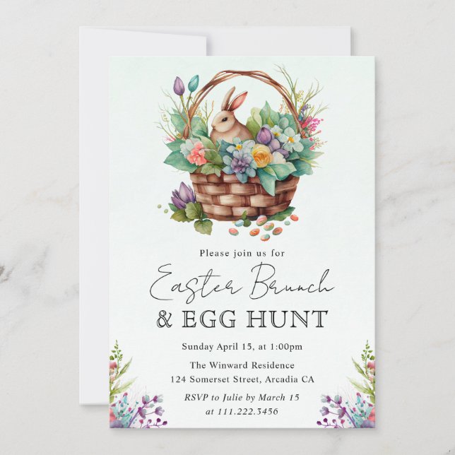 Cute Watercolor Floral Easter Basket and Bunny Invitation (Front)