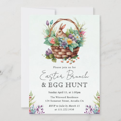 Cute Watercolor Floral Easter Basket and Bunny Invitation