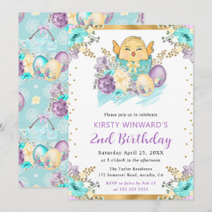 Cute Watercolor Floral Easter Chick Birthday Invitation