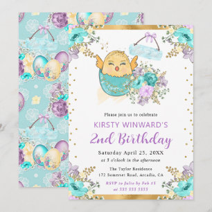 Cute Watercolor Floral Easter Chick Birthday Invitation