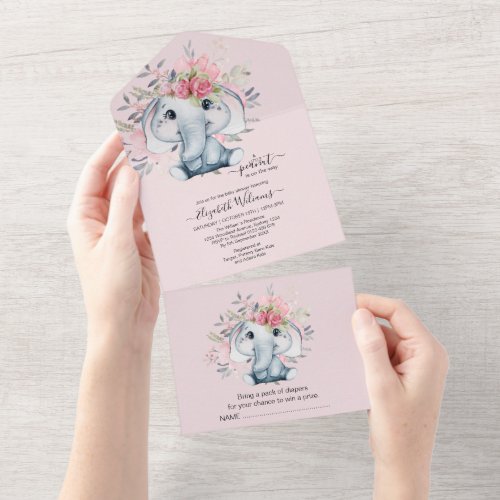 Cute Watercolor Floral Elephant Baby Shower  All I All In One Invitation