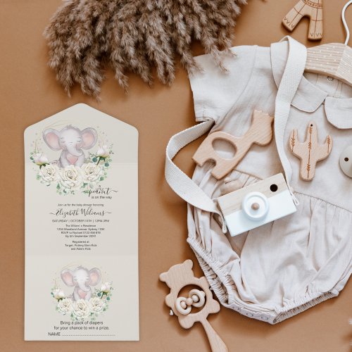 Cute Watercolor Floral Elephant Baby Shower  All In One Invitation