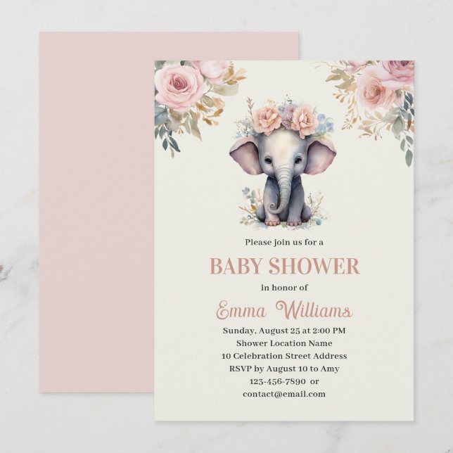 Cute Watercolor Floral Elephant Girl Baby Shower  Invitation (Front/Back)