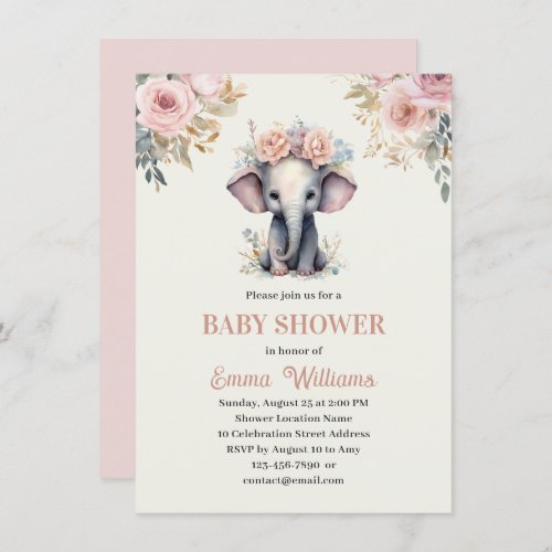 Cute Watercolor Floral Elephant Girl Baby Shower  Invitation