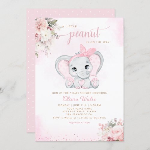 Cute Watercolor Floral Elephant Girl Baby Shower Invitation