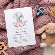 Cute Watercolor Floral Elephant Girl Baby Shower Invitation