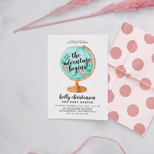 Cute Watercolor Floral Globe Baby Girl Baby Shower Invitation