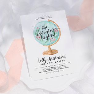 Cute Watercolor Floral Globe Baby Girl Baby Shower Invitation