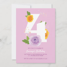 Cute Watercolor Floral Kids 4th Birthday Party