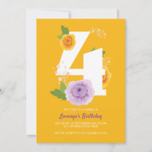 Cute Watercolor Floral Kids 4th Birthday Party