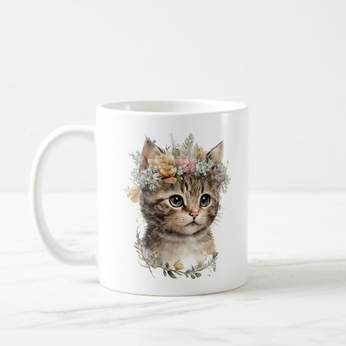 Cute Watercolor Floral Kitten Coffee Mug