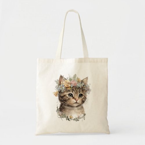 Cute Watercolor Floral Kitten Tote Bag