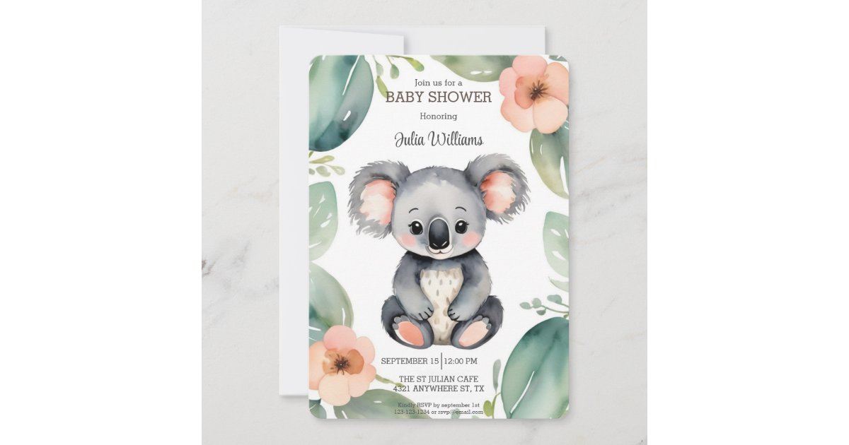Cute Watercolor Floral Koala Baby Shower Invitation | Zazzle