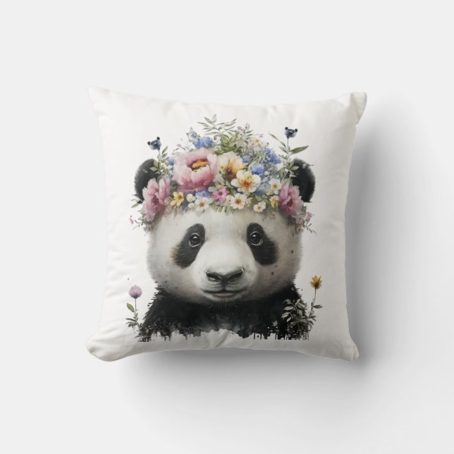 Cute Watercolor Floral Panda Throw Pillow (Front)