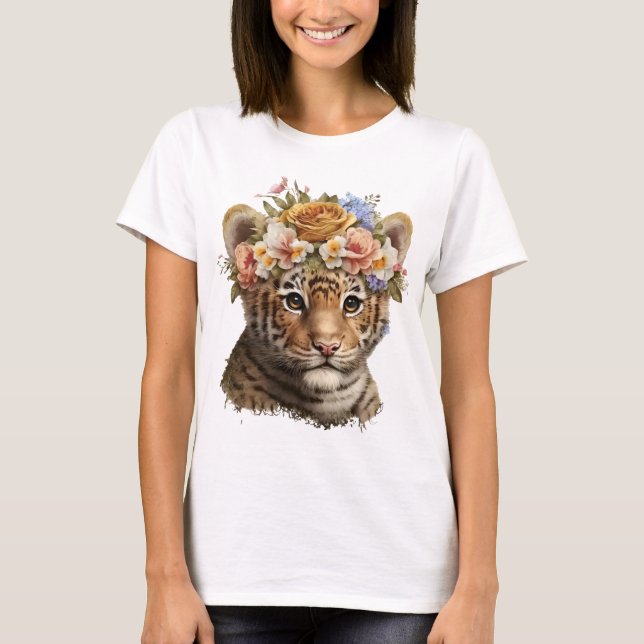 Cute Watercolor Floral Tiger T-Shirt (Front)