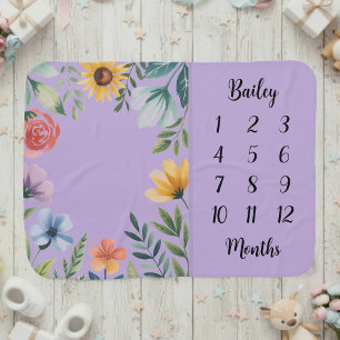 Cute Watercolor Floral Wildflower Milestone Baby Blanket