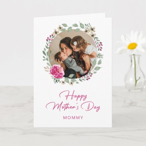 Cute Watercolor Floral Wreath Photo Mothers Day Card