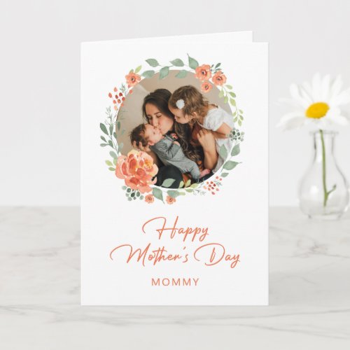 Cute Watercolor Floral Wreath Photo Mothers Day Card