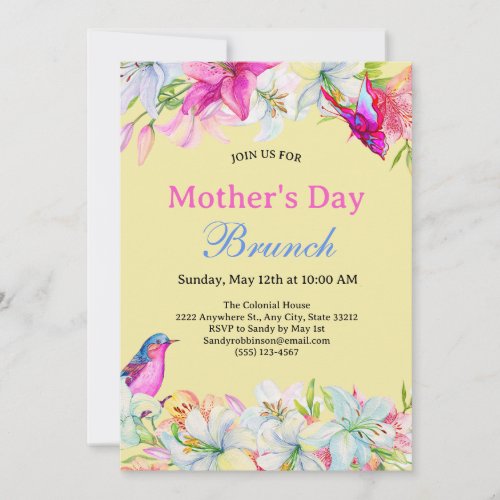 Cute Watercolor Floral Yellow Mothers Day Brunch Invitation