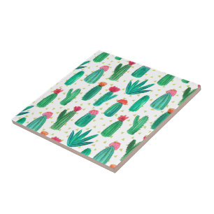 Cute Watercolor Flowering Cactus Pattern Ceramic Tile