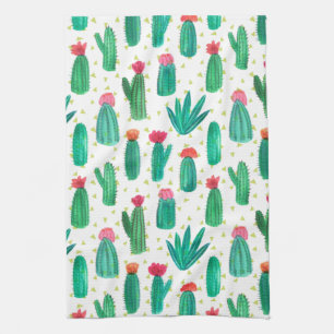 Cute Watercolor Flowering Cactus Pattern Kitchen Towel