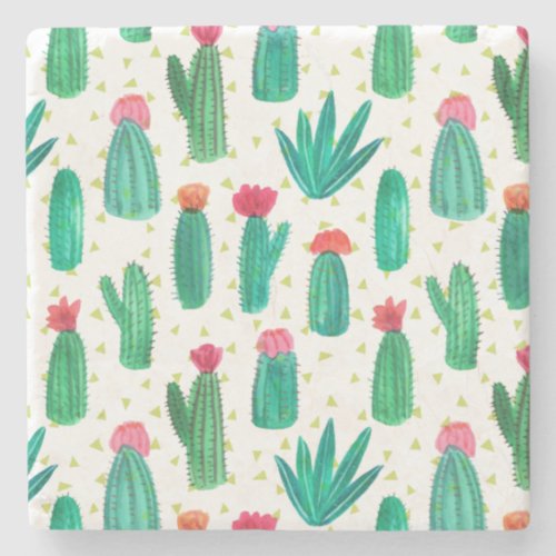 Cute Watercolor Flowering Cactus Pattern Stone Coaster