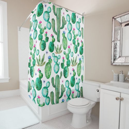 Cute Watercolor Flowering Cactus Patterned Shower Curtain