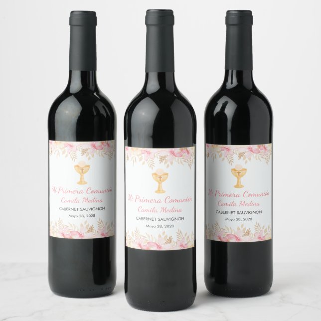 Cute Watercolor Flowers First holy Communion Wine Label (Bottles)