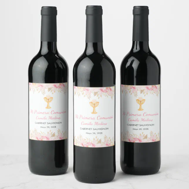 Cute Watercolor Flowers First holy Communion Wine Label Zazzle