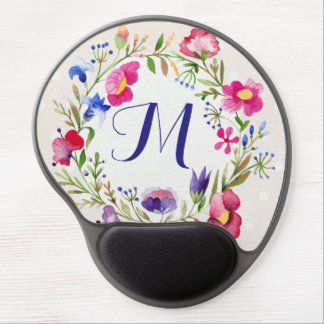 Cute Watercolor Flowers Floral Fine Monogram Gel Mouse Pad