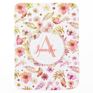 Cute Watercolor Flowers Girly Custom Name Baby Blanket