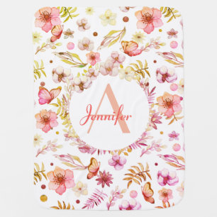 Cute Watercolor Flowers Girly Custom Name Baby Blanket