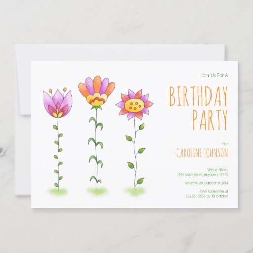 Cute Watercolor Flowers Kids Teens Birthday Party Invitation