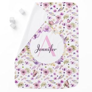 Cute Watercolor Flowers Patern Girly Custom Name Baby Blanket