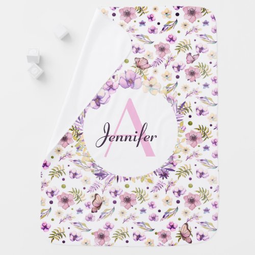 Cute Watercolor Flowers Patern Girly Custom Name Baby Blanket