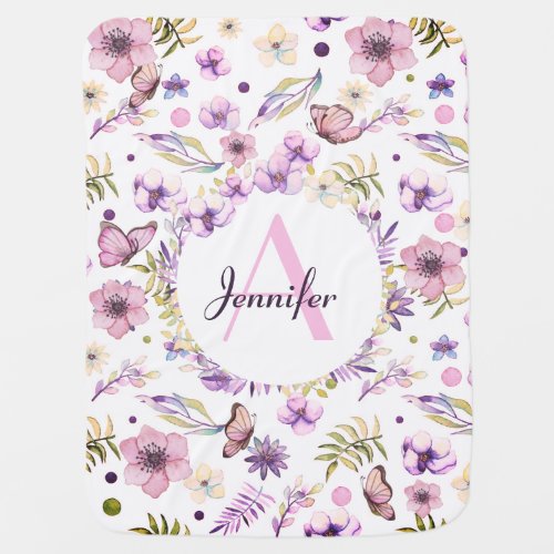 Cute Watercolor Flowers Pink Girly Custom Name Baby Blanket